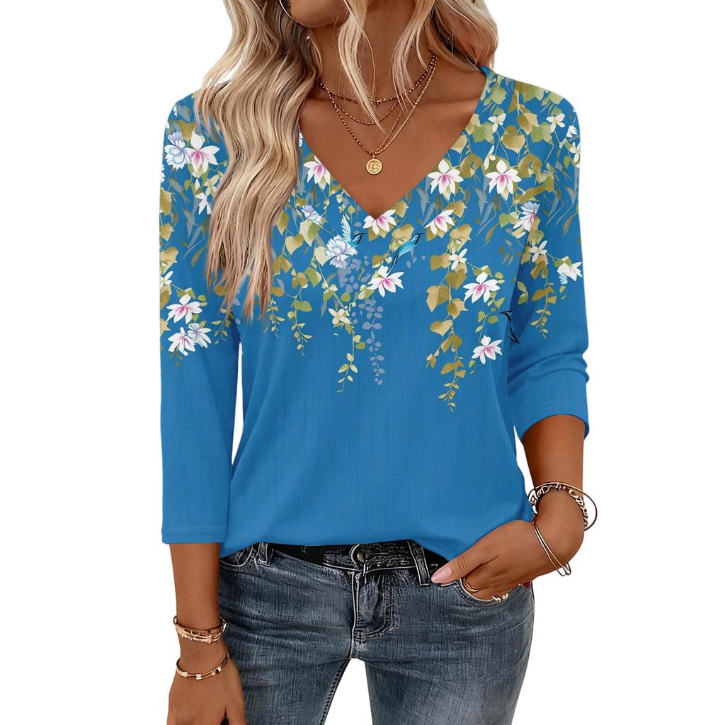 3/4 Length Sleeve Womens Tops V Neck Shirt  Casual Blouse Basic Tshirts