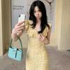 French Retro Floral Print Square Neck Ruffle Dress