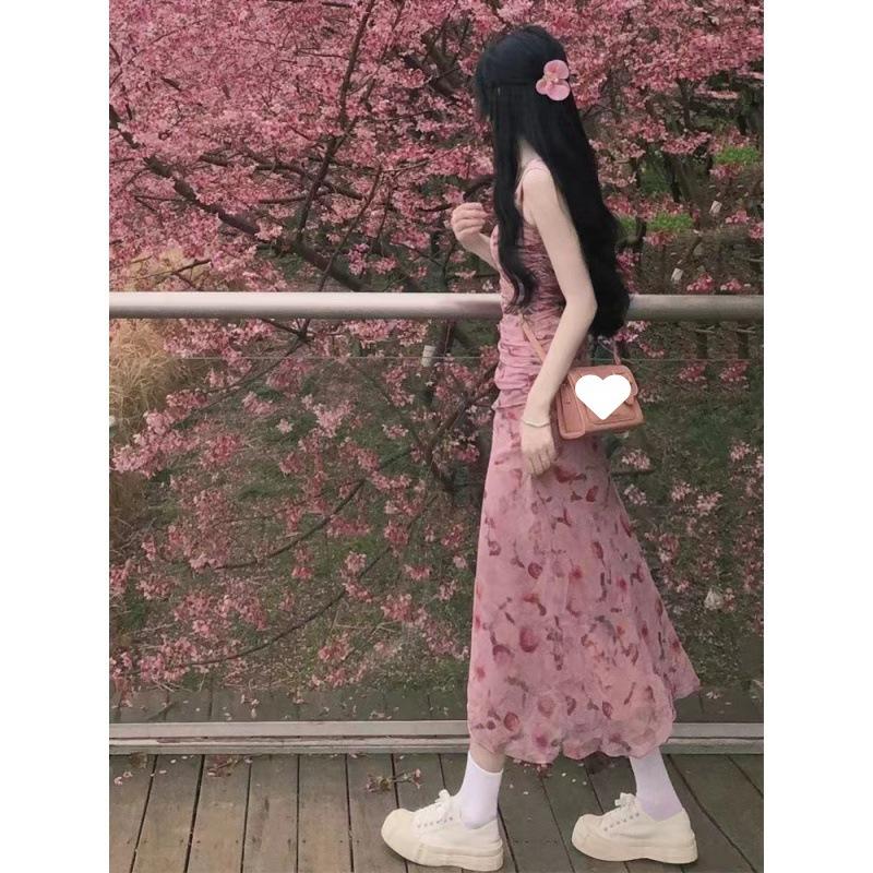 Pink suspender floral dress female summer new fairy temperament slim and thin waist long skirt