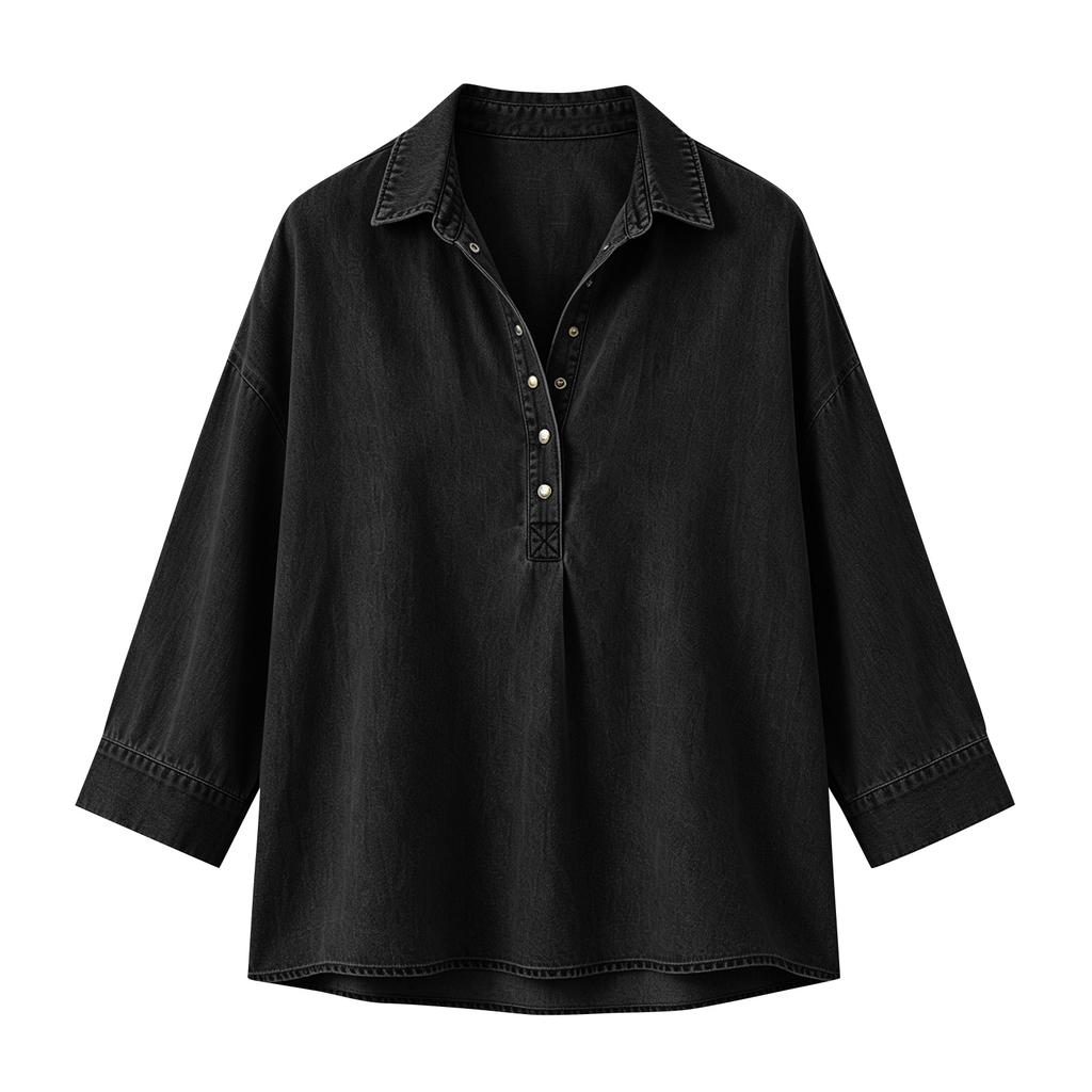 Women's loose-fitting seven-button denim blouse with decorative buttons