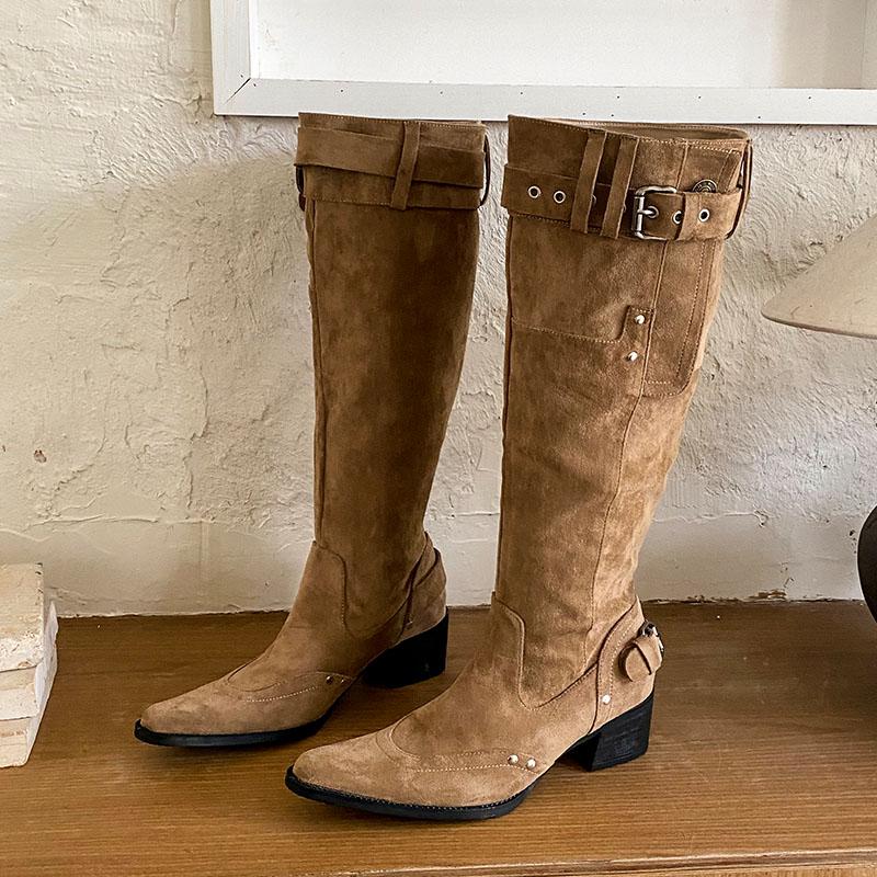 Fashion New Fashion Pointed Toe Modern Ladies Knee High Boots With Heels Shoes Female Buckle Footwear Women Western Long Booties Shoes