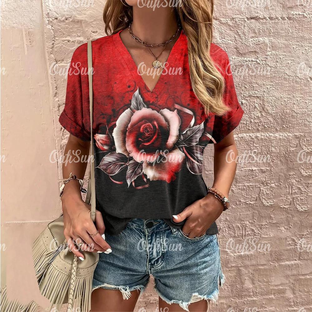 Sommer Damen Mode T-Shirt Vintage Blumen Rosenmuster V-Ausschnitt Oberteile Tees Damen Kurzarm Kleidung Damen Lässige Streetwear