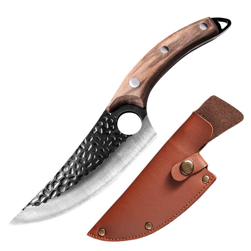 Wooden Handle with Hole Boning Knife Hammer Pattern Forging Slaughter Cutting Meat Skinning Knife Killing Fish with Leather Case