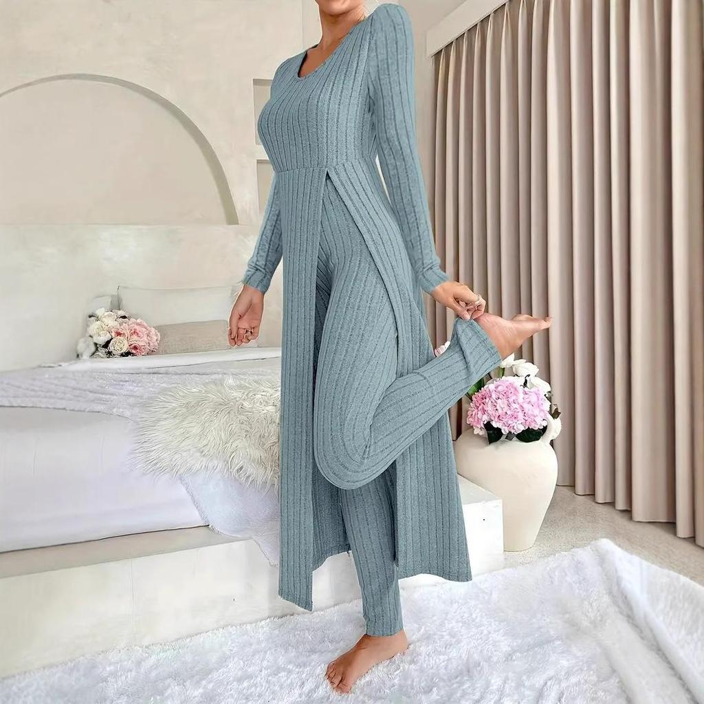 Damen Hellblaues V-Ausschnitt Strickset Langarm Oberteil und Hose mit Strickjacke