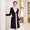 Black & White V-Neck Color Block Mid-Length Dress - Slimming & Flattering Professional Women's Attire for Spring & Autumn.