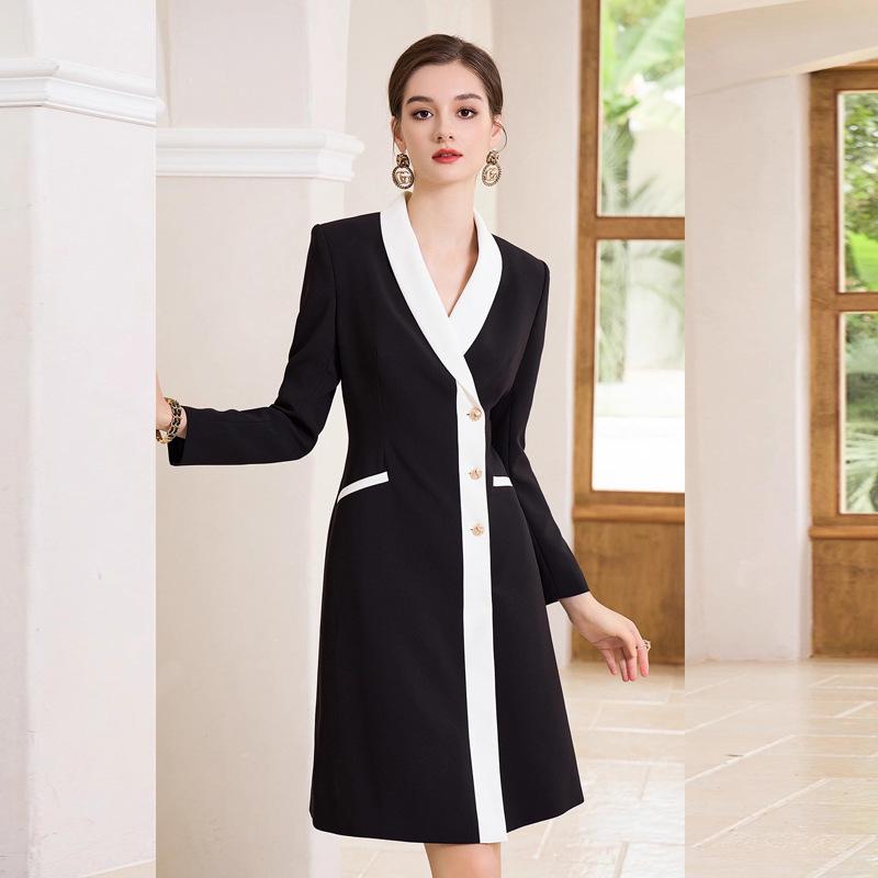 Black & White V-Neck Color Block Mid-Length Dress - Slimming & Flattering Professional Women's Attire for Spring & Autumn.