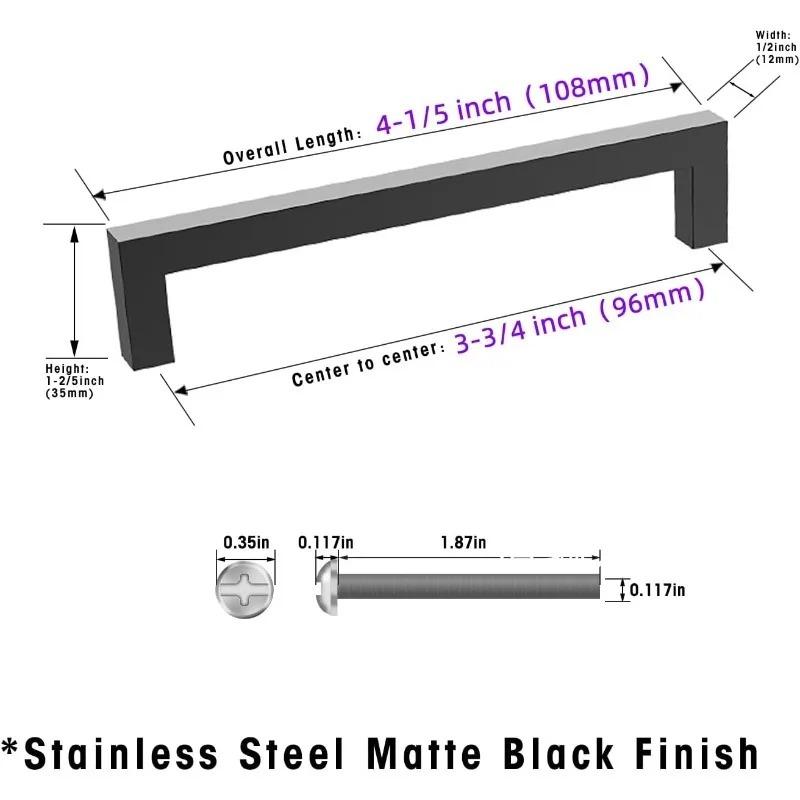2pcs Matte Black Cabinet Pulls Stainless Steel Kitchen Cabinet Handles - Square Dresser Handles Drawer Pulls