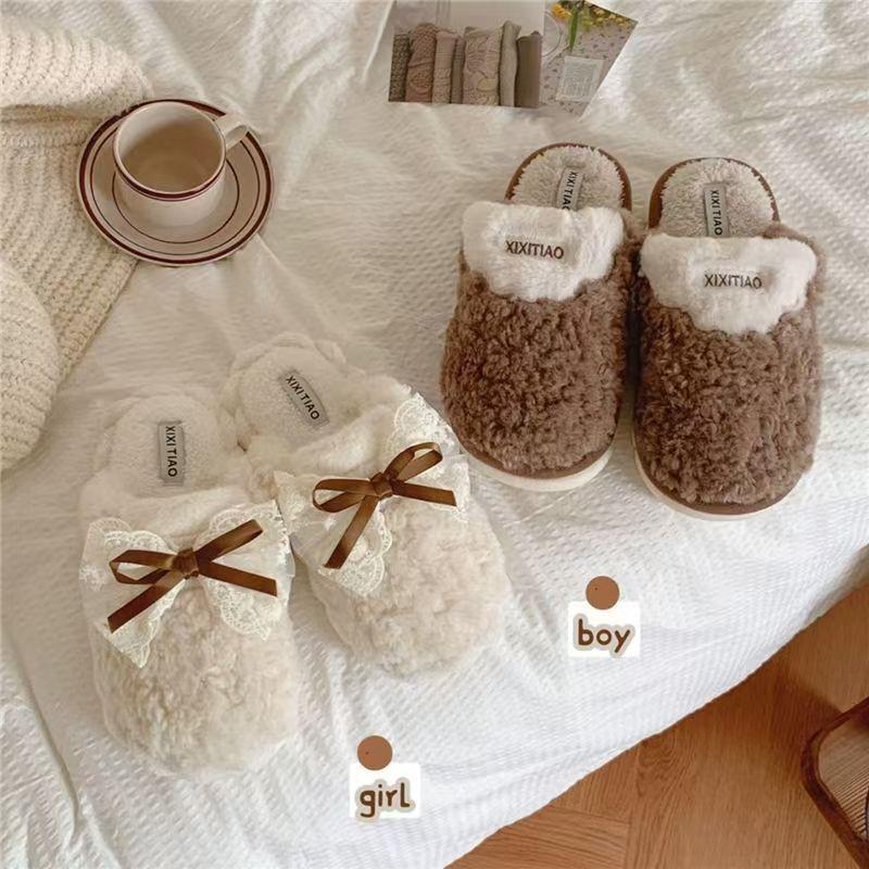 Winter Cotton Slippers Women Student Bow Thick Sole Anti Slip Warm Home Casual Versatile House Slippers