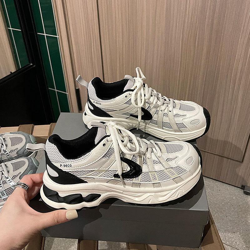 

Кожаные легкие кроссовки женские 2025 осень новые коровья кожа шнуровка сетка дышащие повседневные спортивные папины кроссовки толстая подошва 40 белый