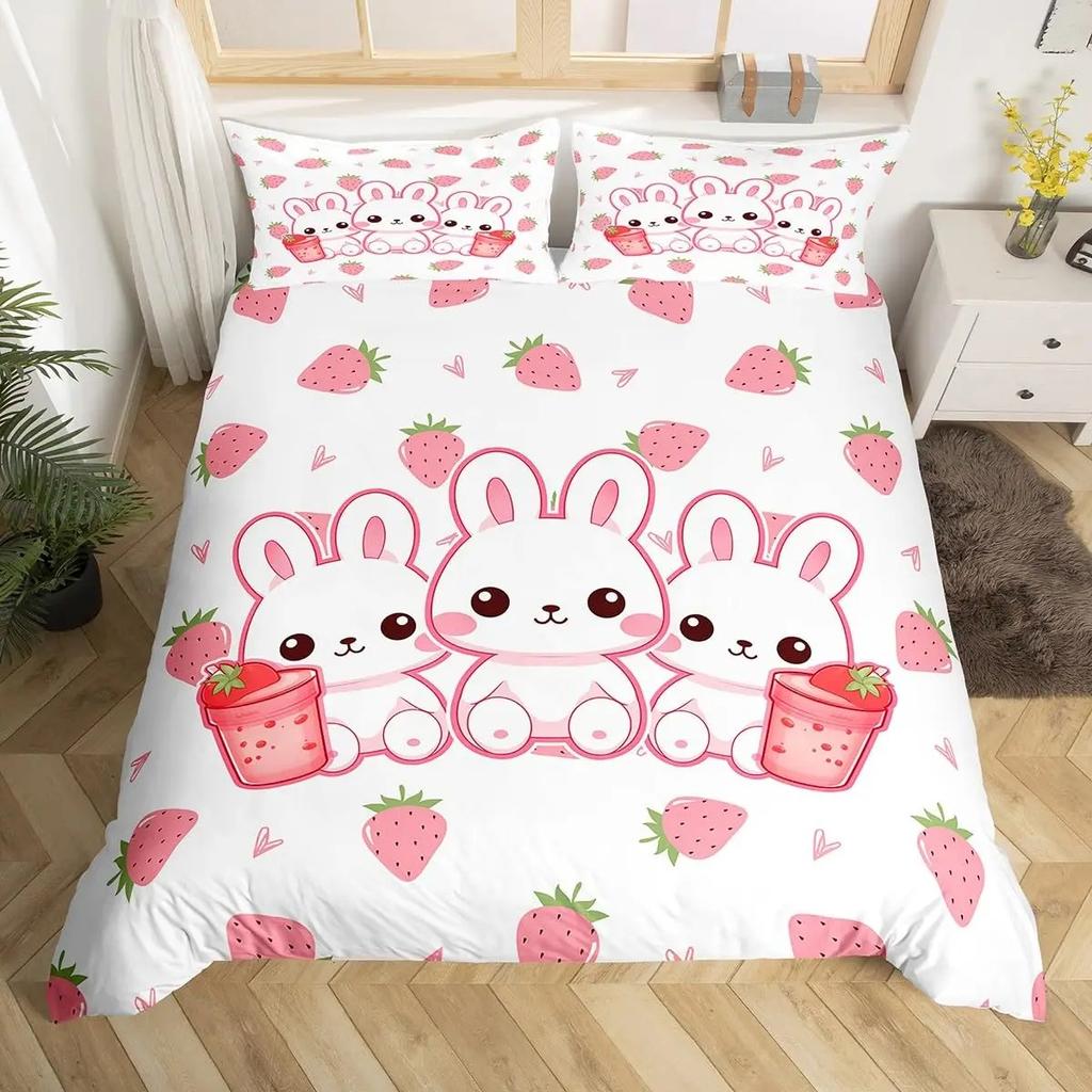 Sweet Strawberry Milk Duvet Cover King Queen Cute Bear Bedding Set Cartoon Fruits Animals Comforter Cover with 2 Pillowcases