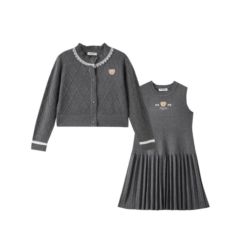 PawinPaw Girls' Cartoon Bear Dress & Cardigan Sweater Set