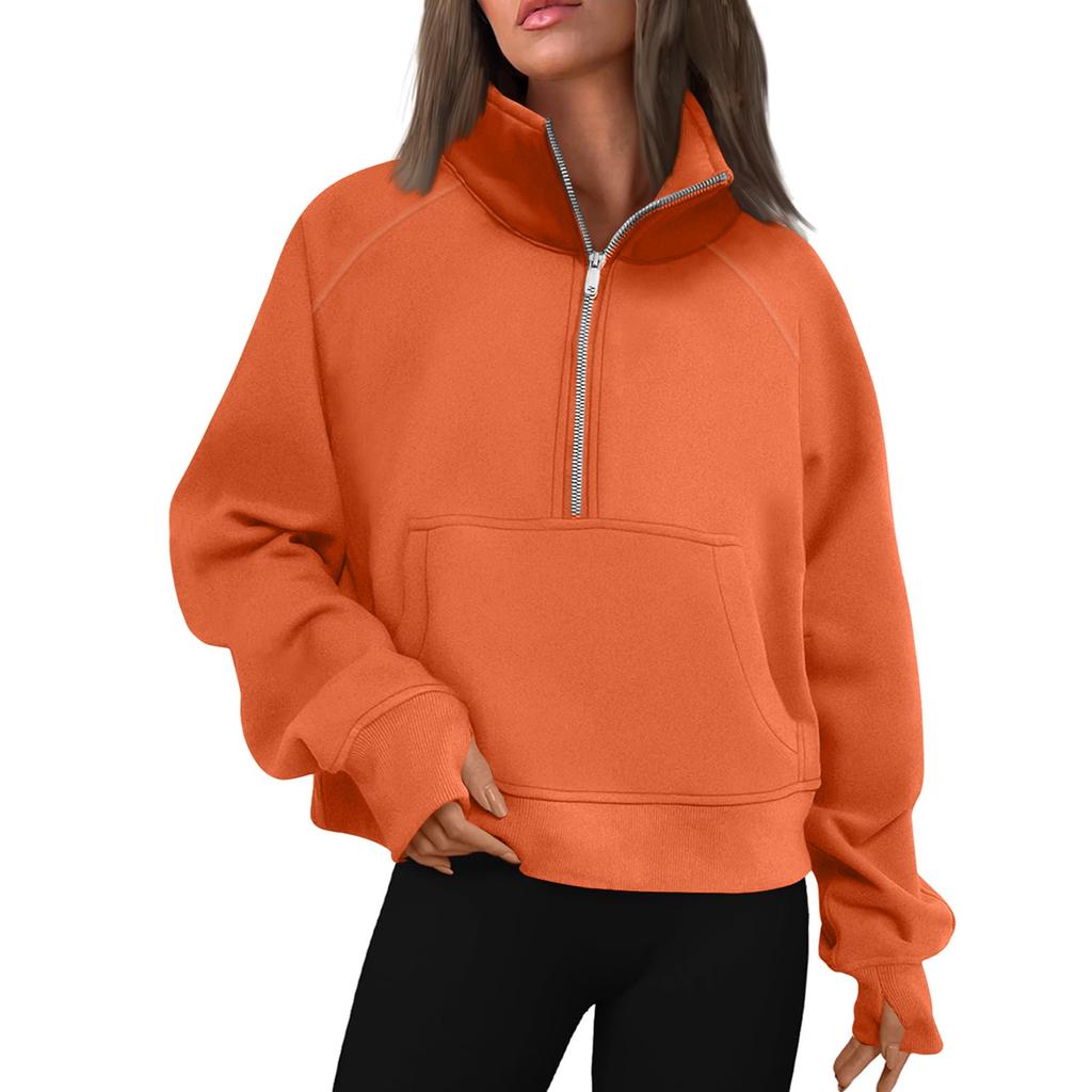 Women's Stand Collar Plus Fleece Solid Color Hoodie Long Sleeve Pocket Loose Half Zip Pullover Hoodie Top
