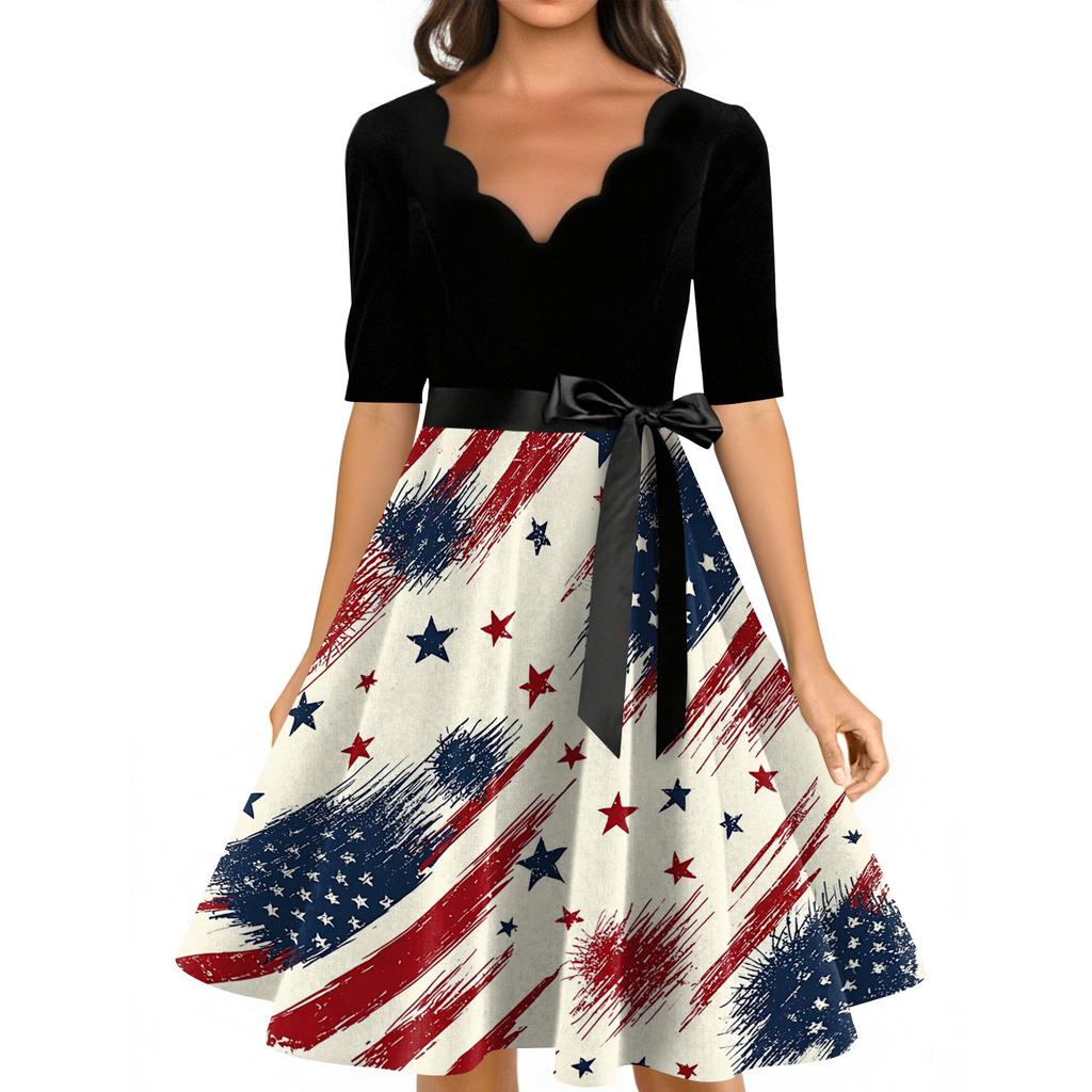 Women’s Vintage A Line Dress with Scalloped Neckline 34 Sleeve and Waistband Flag Print Skater Midi Dress