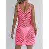 Women Summer Vest Dresses Hand Hook Flower Stiching Knitted Hollow Out Beach Bikini Cover Ups Halter Dress
