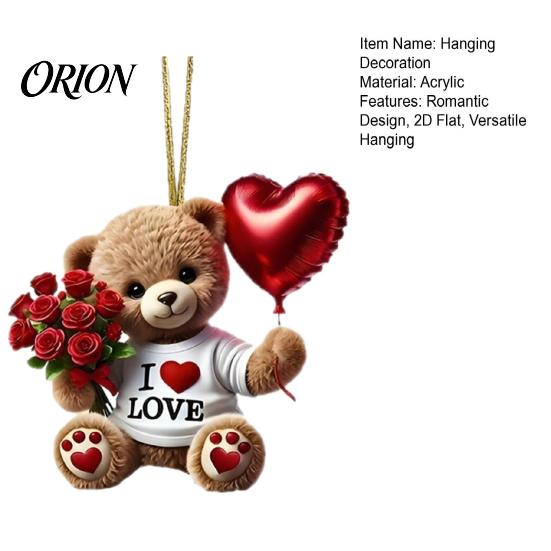 Clear Printed Acrylic Charm Teddy Bear Hanging Ornament, Holding Heart Balloon Red Rose Bouquet Decoration, Ornament Car Rearview Mirror 2D