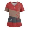 Women's Loose Short Sleeved Fashionable Square Printing V-neck Buttonable Side Slit Top T-shirt