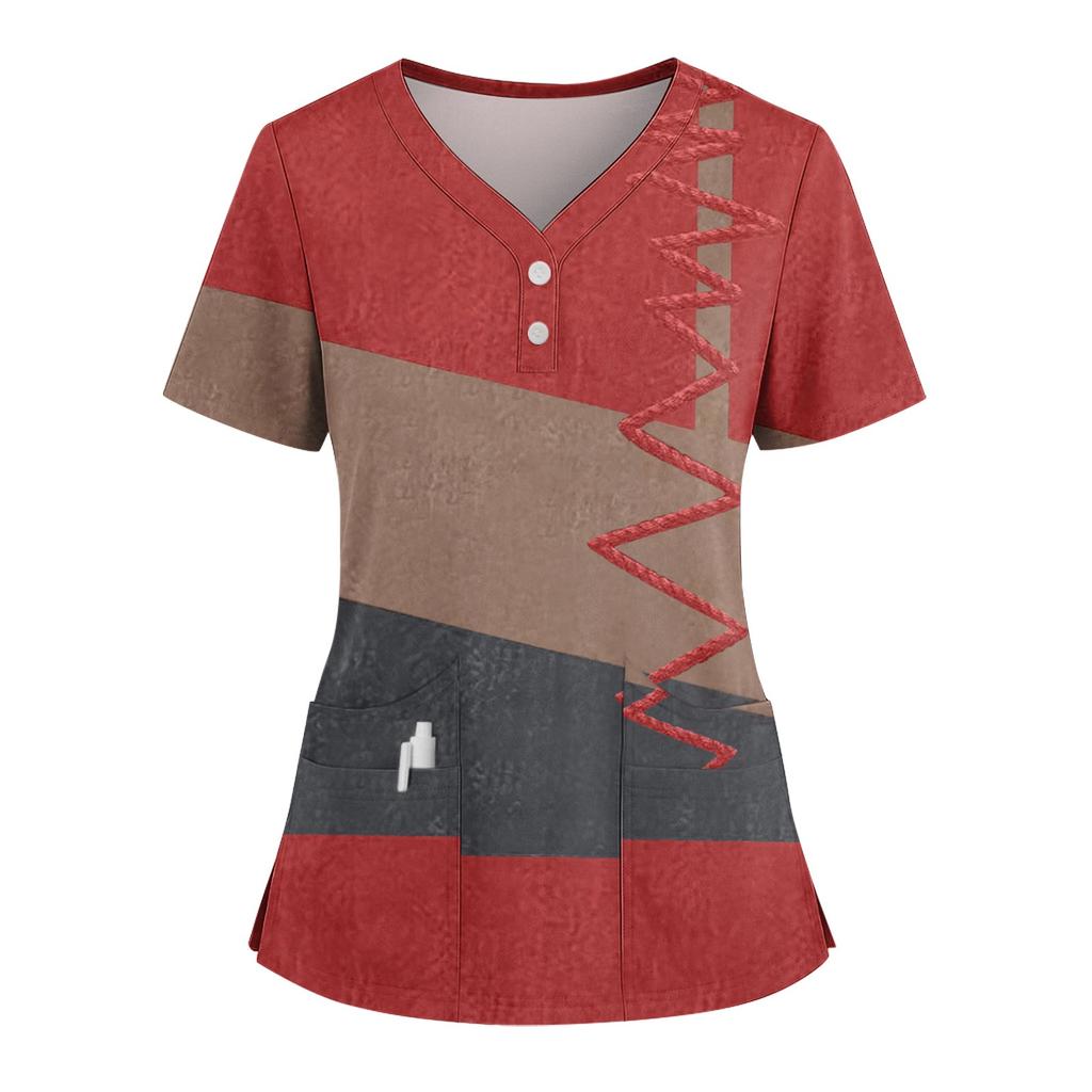 Women's Loose Short Sleeved Fashionable Square Printing V-neck Buttonable Side Slit Top T-shirt