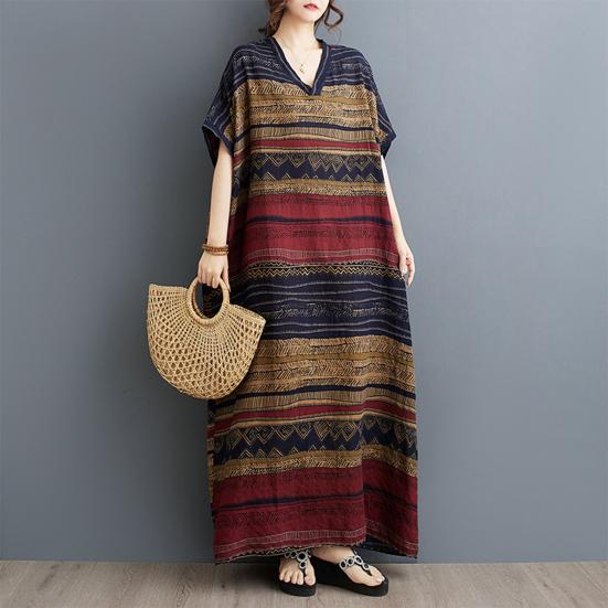 Plus Size Cotton Linen Maxi Dress for Women Loose V-Neck Short Sleeve