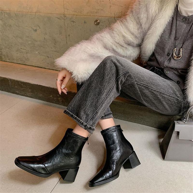 Fashion New Autumn Winter Split Leather Women Boot Shoes for Women Square Toe Fashion Boot Handmade High Heels Boots Zapatos De Mujer