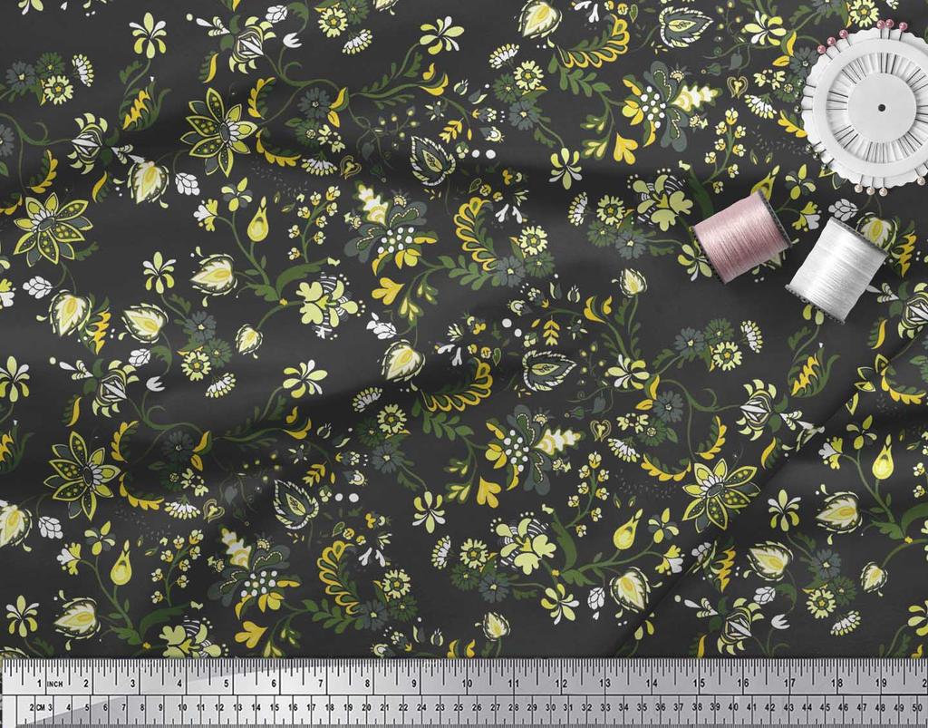 Soimoi Japan Crepe Satin Fabric Leaves & Floral Artistic Decor Fabric Printed Metre 42 Inch
