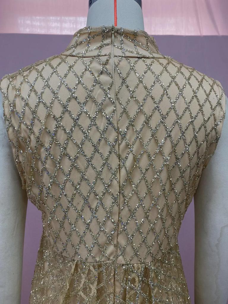 2025 European & American Women's V-Neck Gold Stamped Maxi Dress with Slit