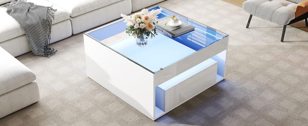 70 x 70 x 35 cm Coffee Table with 2 Drawers, High-Gloss, Openwork Design, Desk and Dining Table, Tempered Glass with LED, White