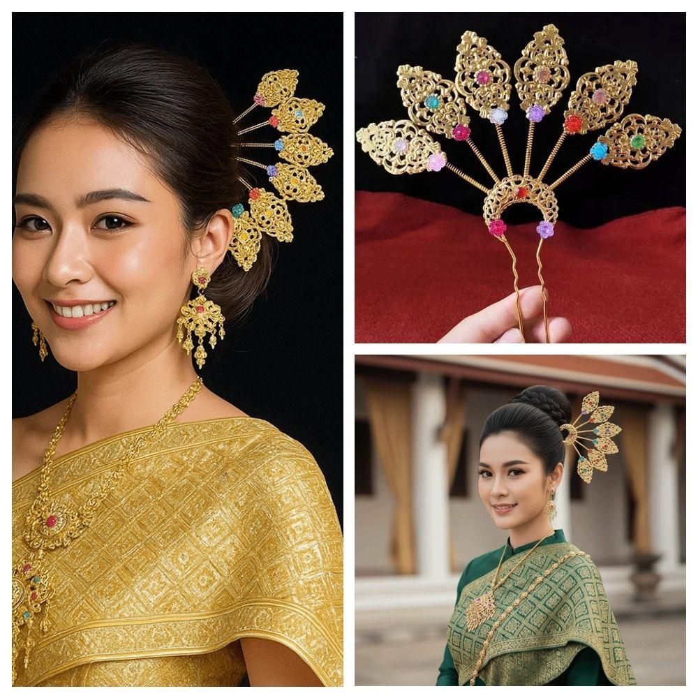 Rhinestone Thai Metal Leaves Hairpin Gold Ethnic Style Hair Accessories U-shaped Hair Fork  Daily