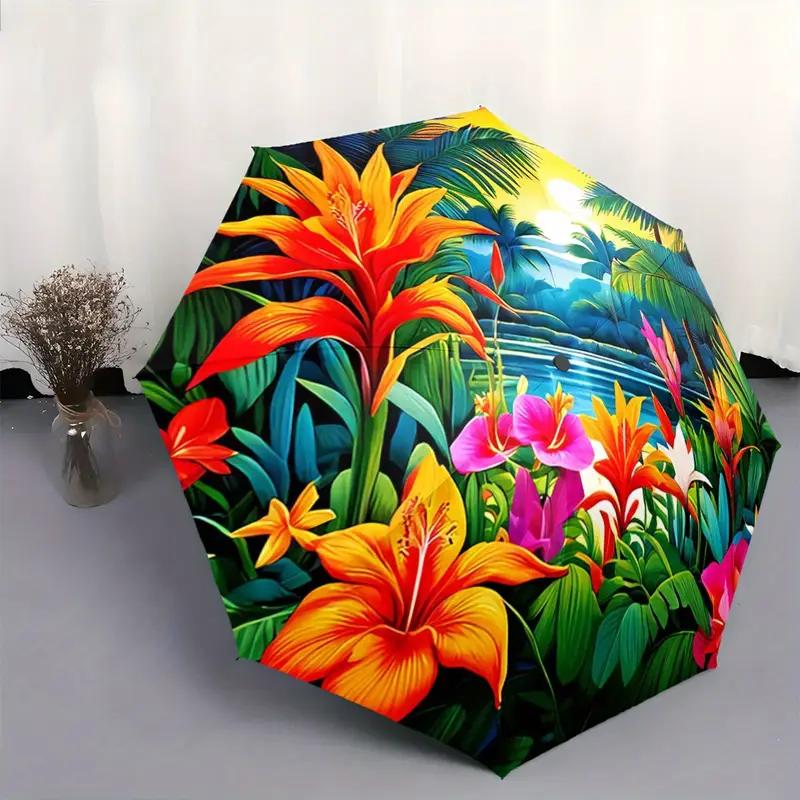 

Automatic Folding Umbrella with Vibrant Tropical Leaf Pattern - Portable, Foldable Design, 8-Rib Durable Iron & Plastic Frame, (as the picture,Iron&8K)