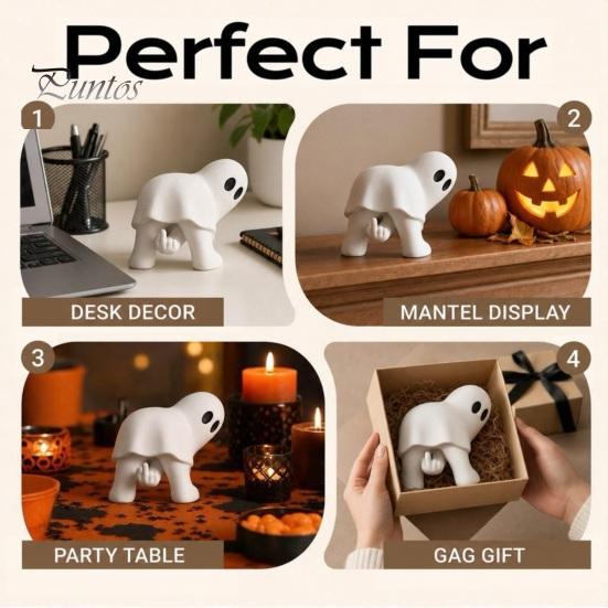 Funny Gesture Ghost Decor Halloween Figurine with Middle Finger, Cute Statue, Matte White Sculptures Spooky Resin Humor Desk for Party Home