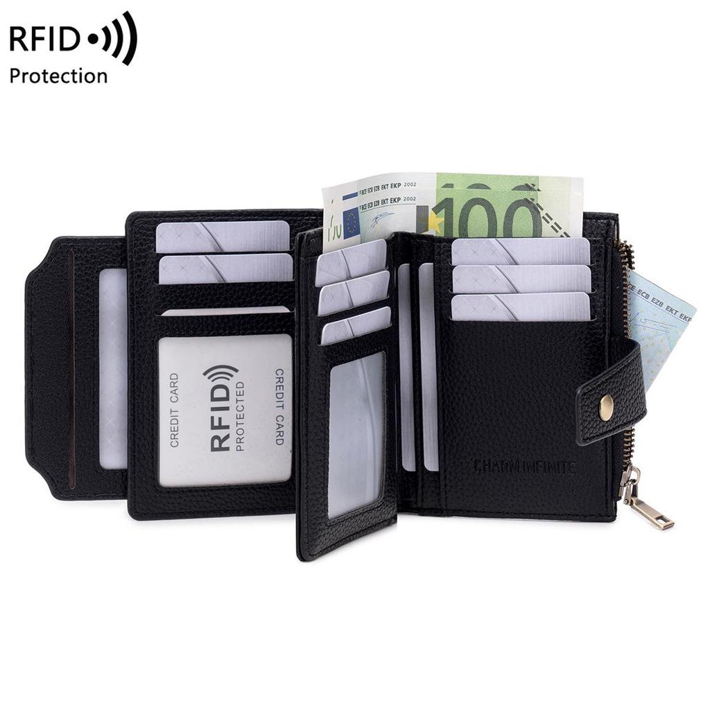 Women's RFID Soft Leather Short Wallet - Lychee Pattern, Zipper Closure, Card Holder, Fashionable Design