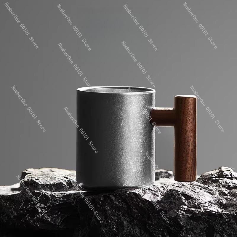 Wooden Sheng Playthings, Retro Silver Coffee Cup, Cold Insulation Mug, Office Double-Layer Stainless Steel Water Cup, Stylish