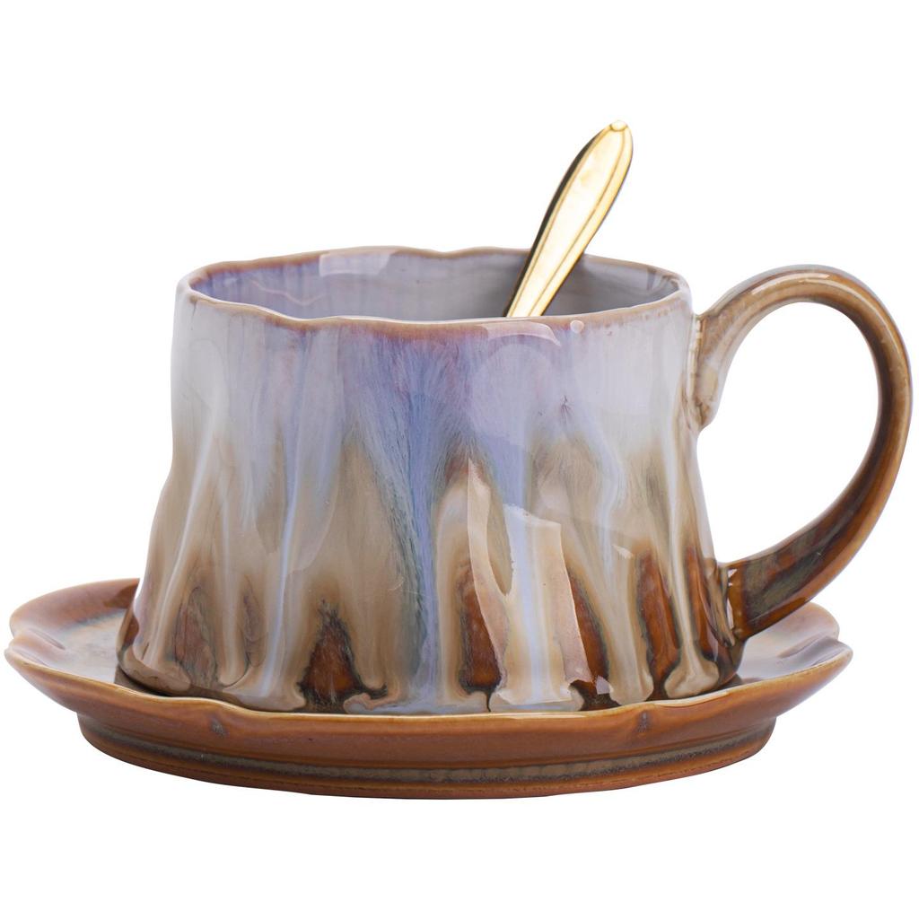 French Retro Ceramic Coffee Cup and Saucer Set with Ice Cream Bowl and Creative Leaf Design