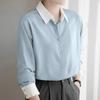 Yino Long Sleeve Collared Shirt Perfect for Spring Women's Two-Tone Blouse, Flattering, Slimming, Simple, Elegant, Casual, Commuting, Office, Formal,