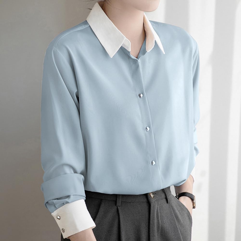 Yino Long Sleeve Collared Shirt Perfect for Spring Women's Two-Tone Blouse, Flattering, Slimming, Simple, Elegant, Casual, Commuting, Office, Formal,
