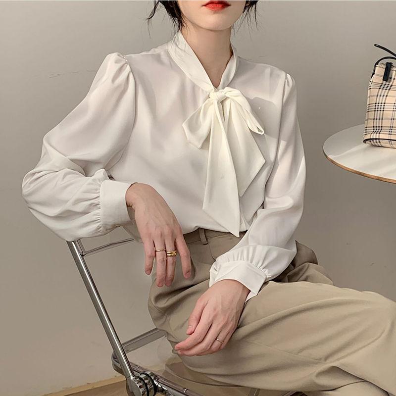 Schicke weiße Langarmbluse Damen Herbst Frühling Bürohemd Schleife Professionell Elegant Chiffon-Top Hohe Qualität