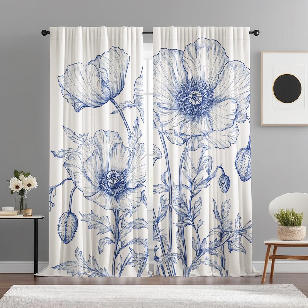 Blue White Inkwash Poppy Curtains Set of 2 Rod Pocket Sheer for Living Room Bedroom Decor 60×150