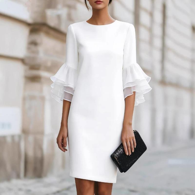Women's Crew Neck Ruffle Bell Sleeve Mini Dress Loose Fit Elegant Party Dress