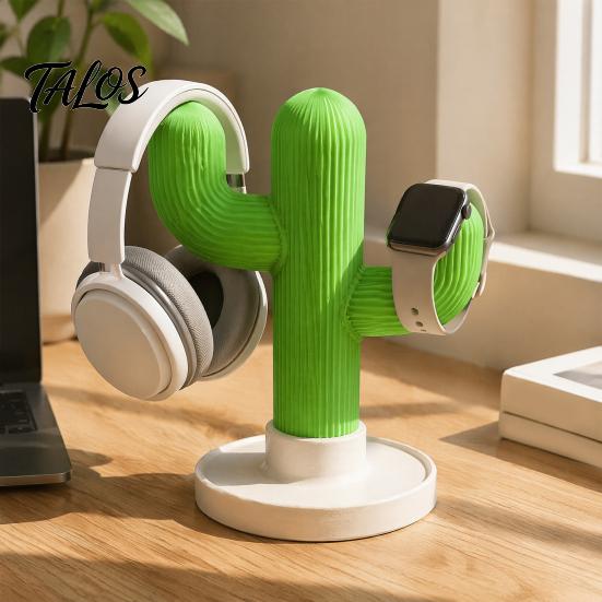 Cactus Headphone Stand And Watch Holder, Desktop Organizer with Cable Storage Charging Tray Tray, 3D Printed Display Rack for Earphones Smart Watches