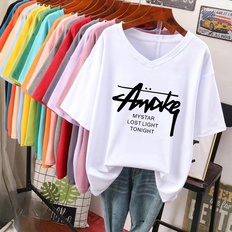 Dámské tričko s krátkým rukávem, volného střihu, zeštíhlující top s potiskem a výstřihem do V