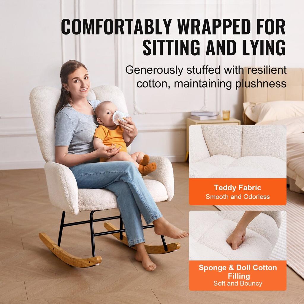 Nursery Rocking Chair, 250 lbs Weight Capacity Teddy Fabric Upholstered Glider Rocker Chair with Soft Seat and High Backrest, Nursing Chair for