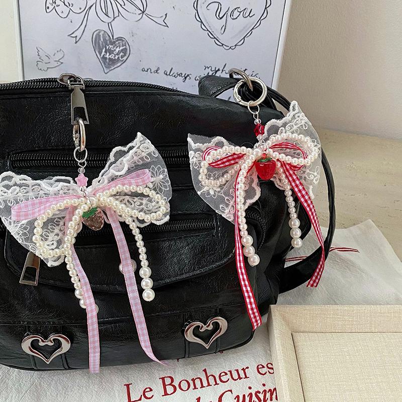 Sweet Lace Pearl Bow Keychain Pendant Car Keychain For Women Girls  Exquisite Backpack Decoration Accessories Gifts