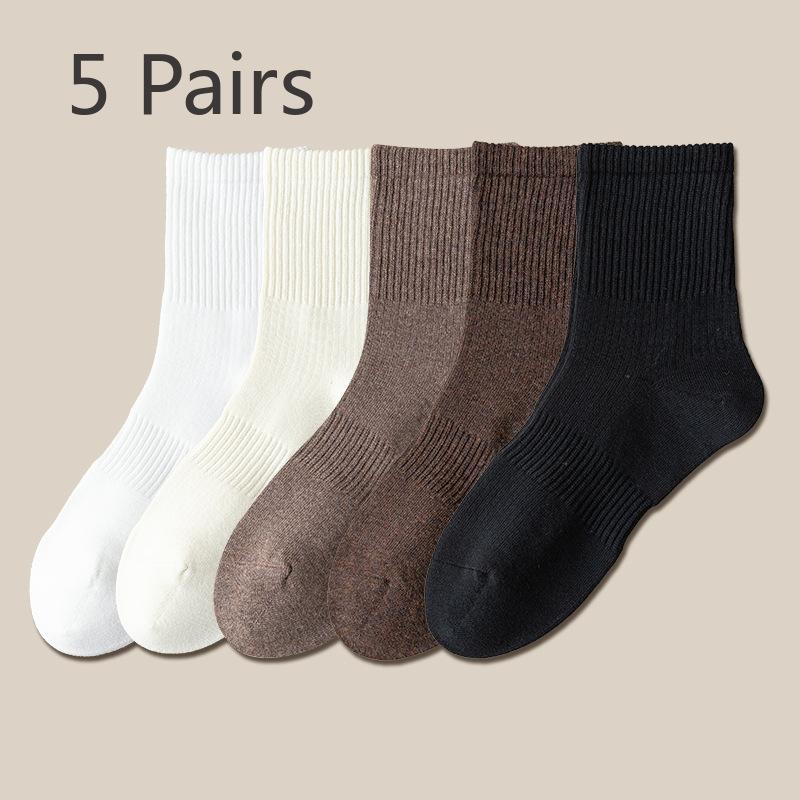 5 Pairs of Girls Spring and Autumn Pure Color Anti Pilling Boneless High Rubber Tube Socks