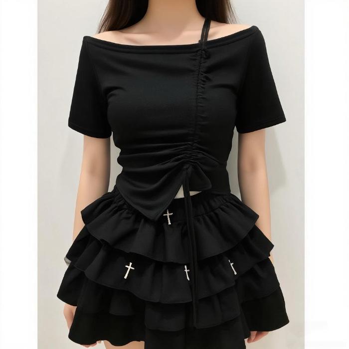 

Women s Summer Off-Shoulder Short-Sleeve Top & Cake Skirt Two-Piece Set with Slimming Drawstring XL