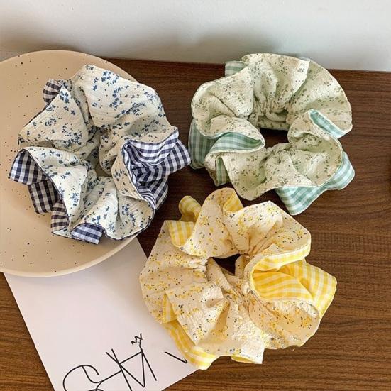 Hair Tie French Style Large Widened Size Hair Rope Plaid Floral Print Ponytail