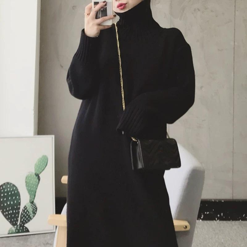 Sweter Jesień i Zima Luźny Pogrubiony Golf z Dółem Spódnica Średniej Długości Sweter Za Kolano