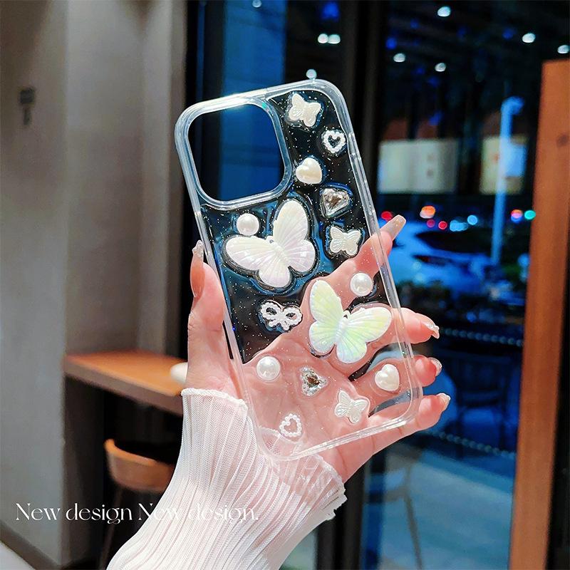 

Pearl Butterfly Phone Case for IPhone 15 Pro Transparent Water Diamond for Apple 17 Love Drop Adhesive 16max For iPhone 7/8/SE 2020