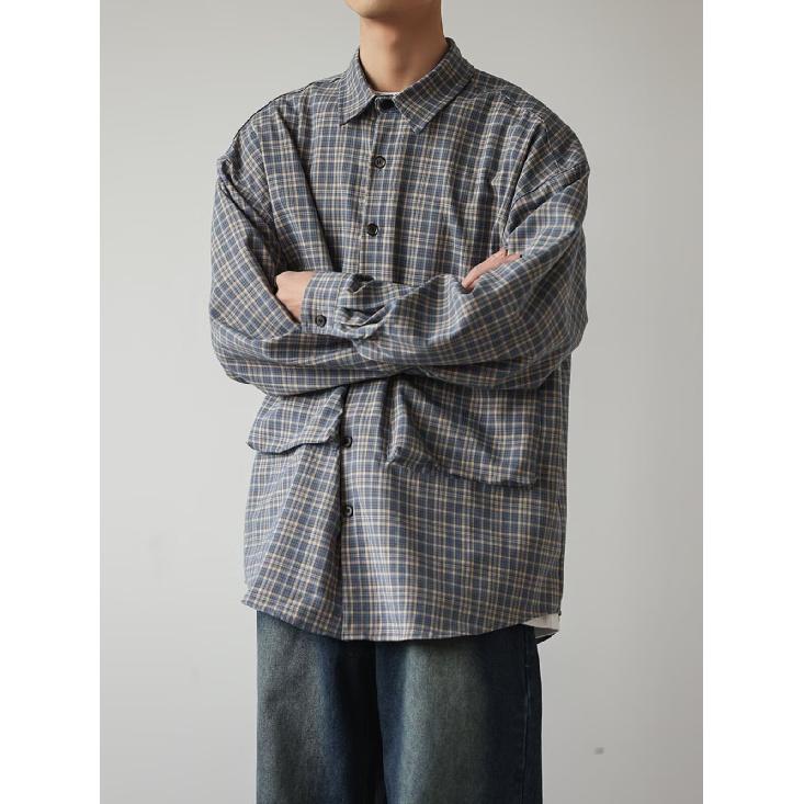 Boyue Japanese Style Large Pocket Plaid Long Sleeve Shirt College Style Casual All-Match Profile Couple Men's Coat