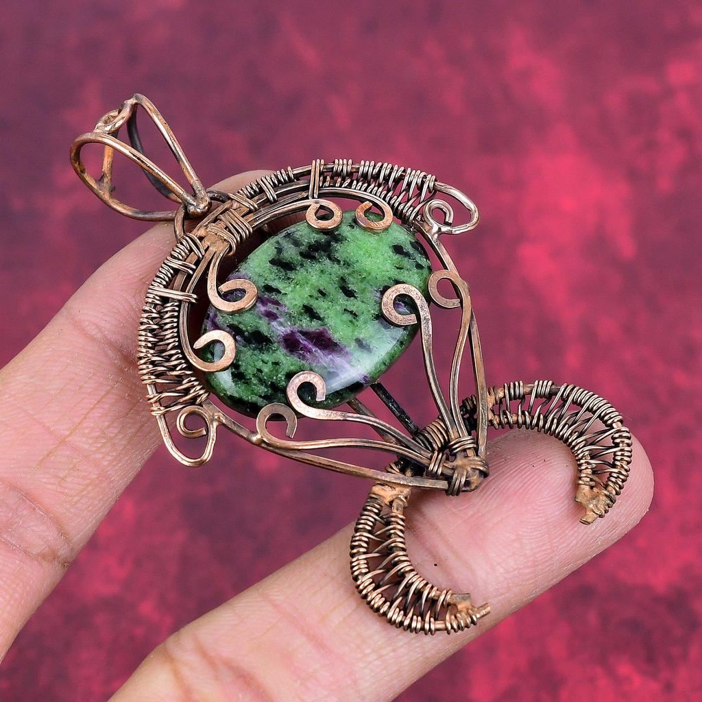 Ruby zoisite pendant copper wire wrapped gemstone pendant handmade jewelry tortoise pendant copper jewelry gifts for him wire wrap jewelry