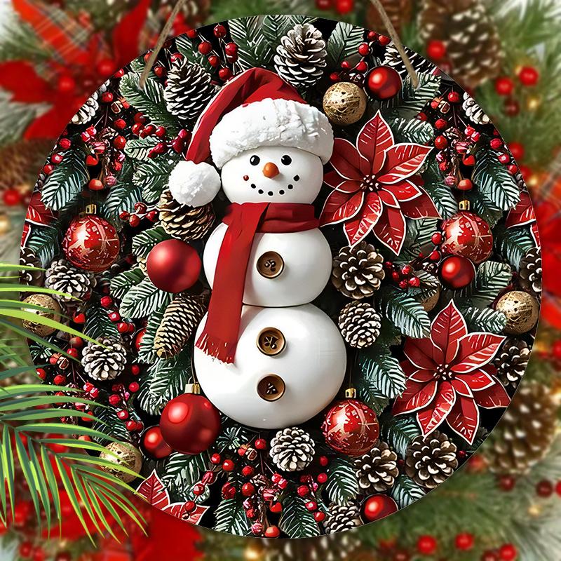 Wooden Christmas Sign with Adorable Snowman Pattern, Christmas Decorative Plaque & Sign for Front Door Wall Hanging Decor, Ideal Christmas Ornament