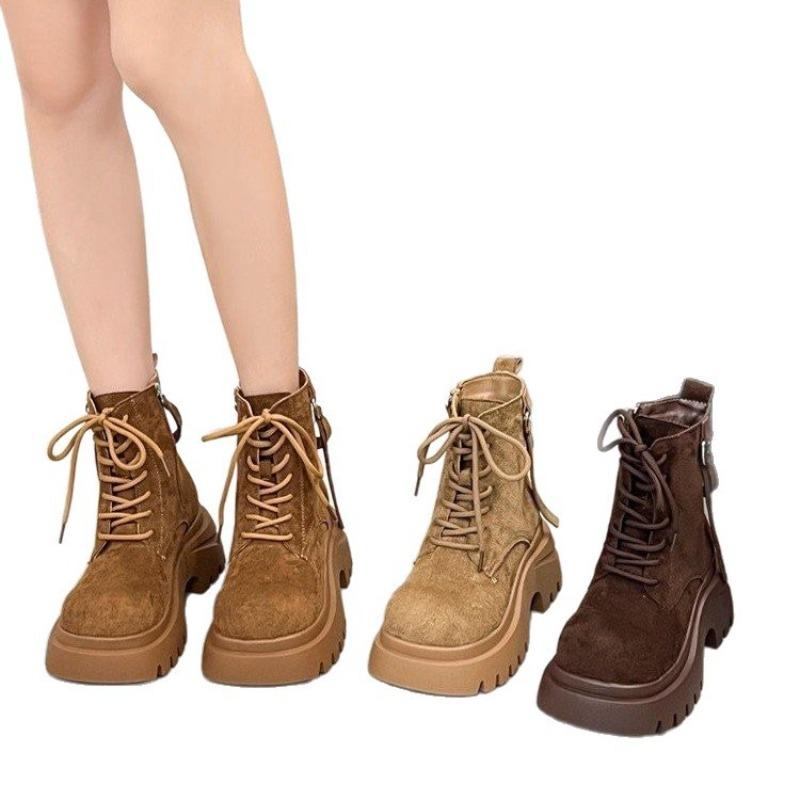 Side zipper short boots autumn new retro locomotive boots small thick sole heightening lace-up Martin boots women